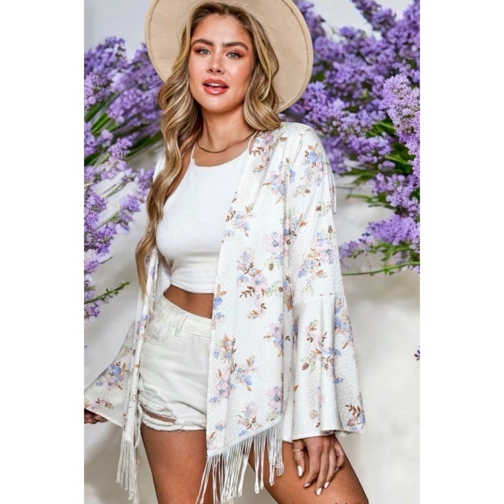 PEACH LOVE Ivory Floral Print Satin Cardigan with Fringe - Picture 7 of 8